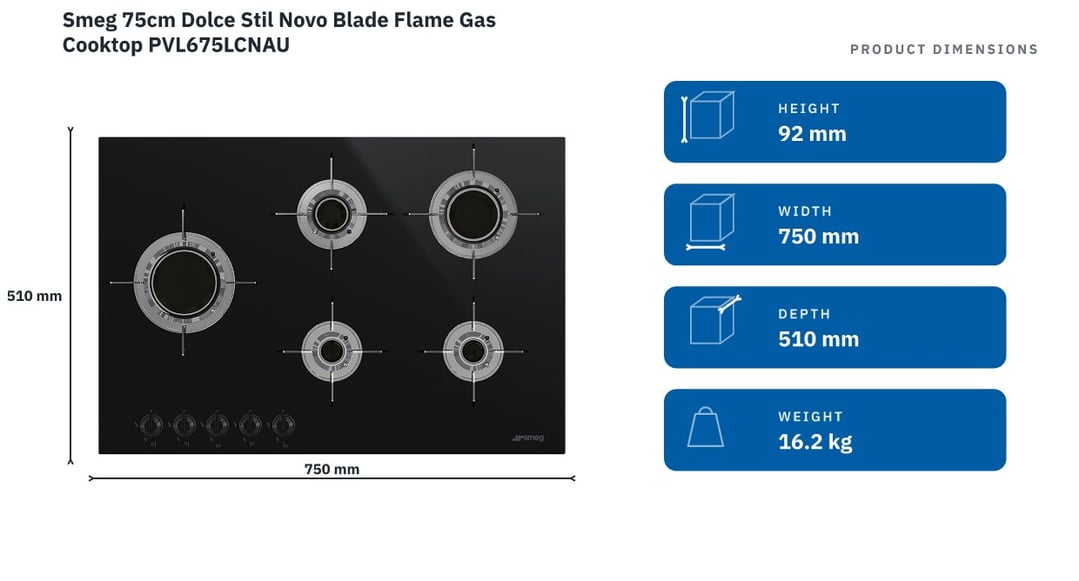 Smeg 75cm Dolce Stil Novo Blade Flame Gas Cooktop PVL675LCNAU — product dimensions