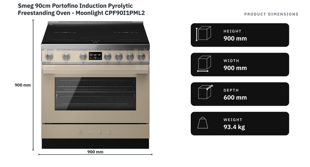Smeg 90cm Portofino Induction Pyrolytic Freestanding Oven - Moonlight CPF90I1PML2 — product dimensions