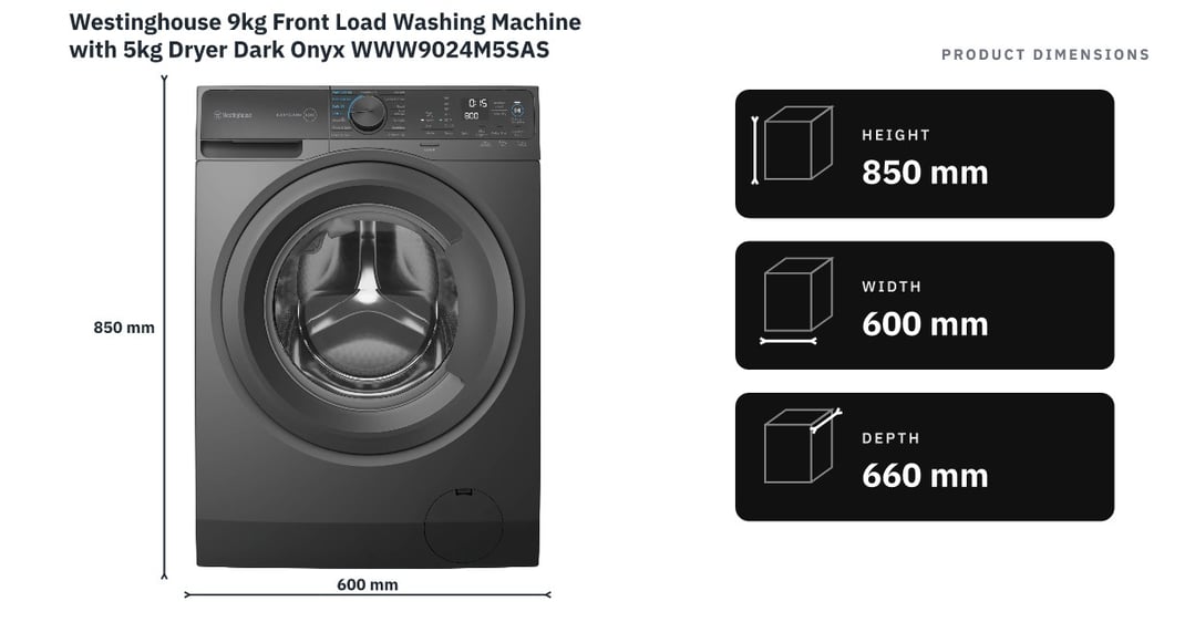 Westinghouse 9kg Front Load Washing Machine with 5kg Dryer Dark Onyx WWW9024M5SAS — product dimensions