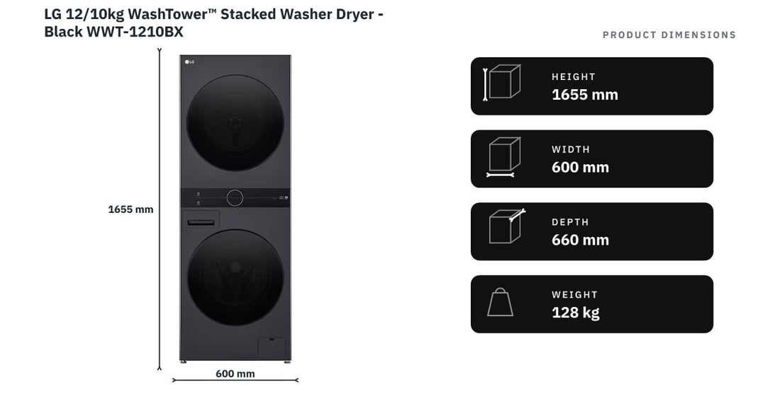 LG 12/10kg WashTower™ Stacked Washer Dryer - Black WWT-1210BX — product dimensions