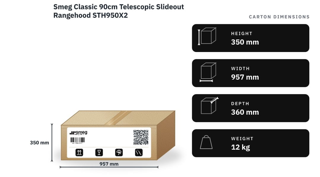 Smeg Classic 90cm Telescopic Slideout Rangehood STH950X2 — packaged dimensions