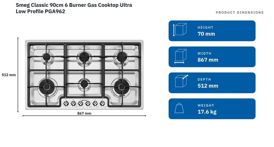 Smeg Classic 90cm 6 Burner Gas Cooktop Ultra Low Profile PGA962