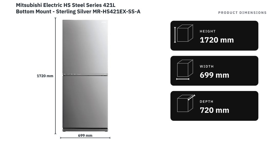Mitsubishi Electric HS Steel Series 421L Bottom Mount - Sterling Silver MR-HS421EX-SS-A — product dimensions