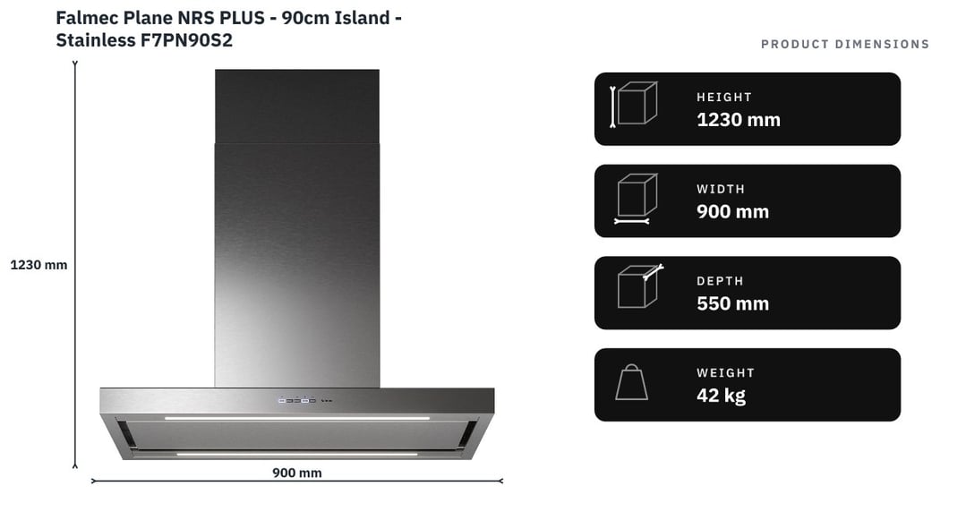 Falmec Plane NRS PLUS - 90cm Island - Stainless F7PN90S2 — product dimensions