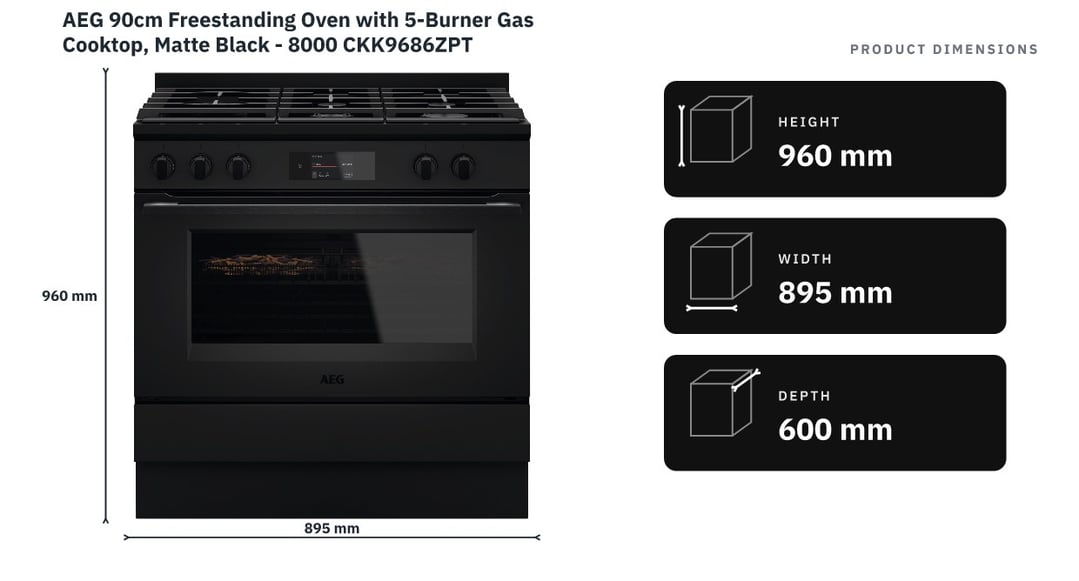AEG 90cm Freestanding Oven with 5-Burner Gas Cooktop, Matte Black - 8000 CKK9686ZPT — product dimensions