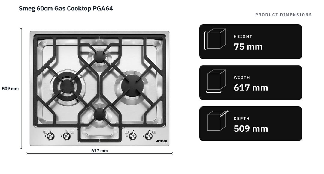 Smeg 60cm Gas Cooktop PGA64 — product dimensions