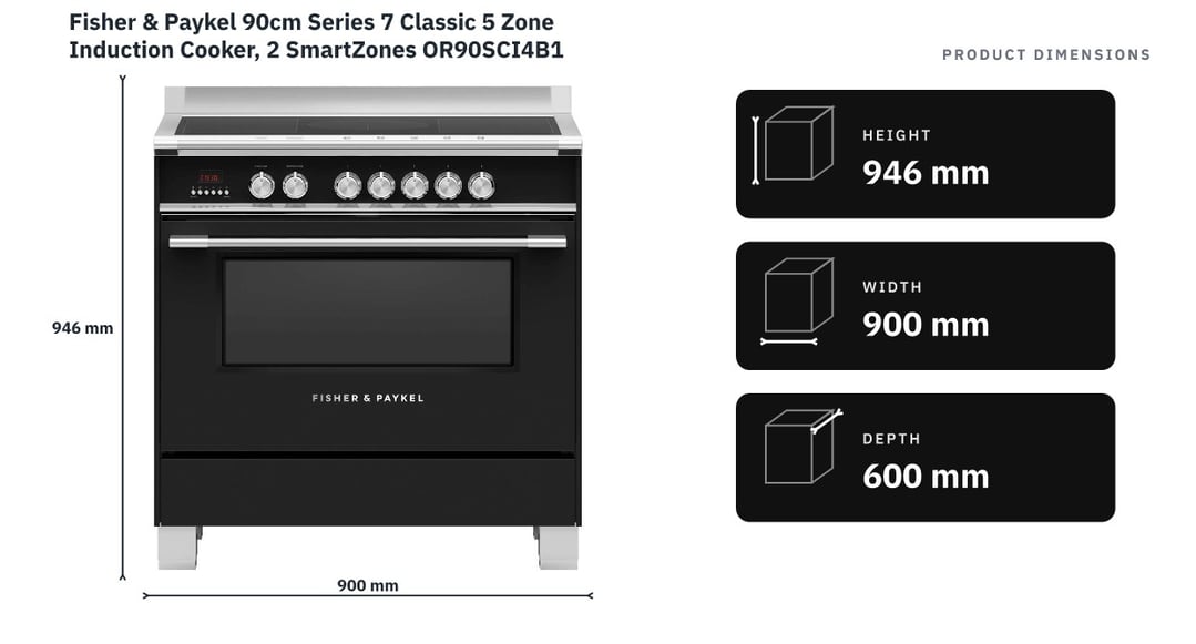 Fisher & Paykel 90cm Series 7 Classic 5 Zone Induction Cooker, 2 SmartZones OR90SCI4B1 — product dimensions