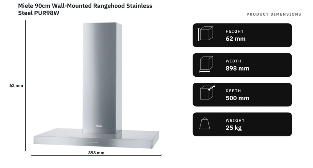 Miele 90cm Wall-Mounted Rangehood Stainless Steel PUR98W — product dimensions