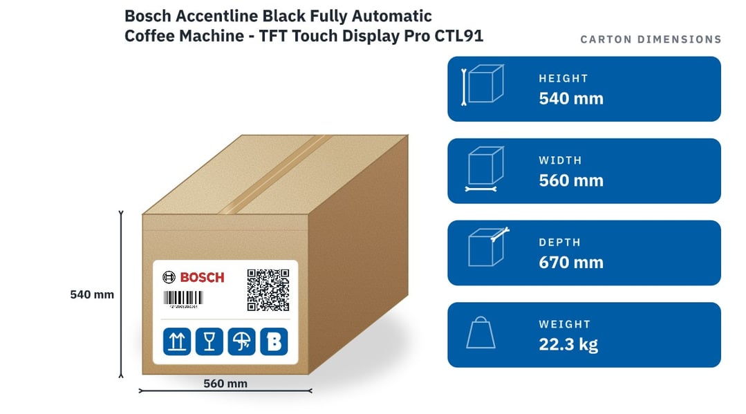 Bosch Accentline Black Fully Automatic Coffee Machine - TFT Touch Display Pro CTL9181B0 — packaged dimensions