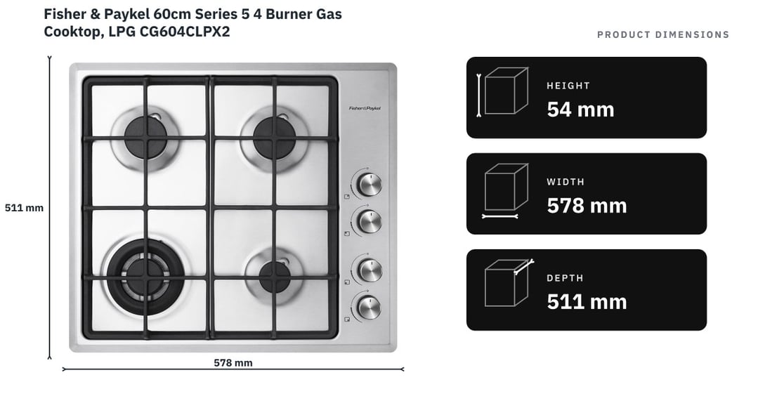 Fisher & Paykel 60cm Series 5 4 Burner Gas Cooktop, LPG CG604CLPX2 — product dimensions