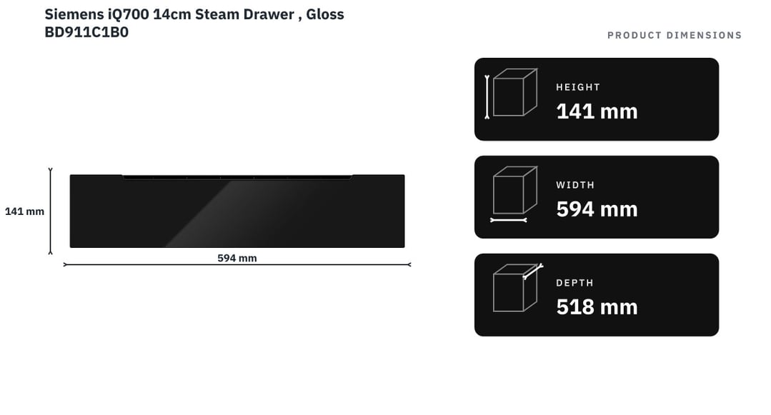 Siemens iQ700 14cm Steam Drawer , Gloss BD911C1B0 — product dimensions