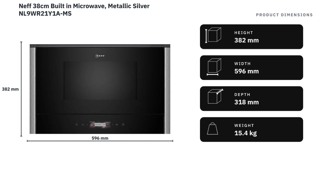 Neff 38cm Built in Microwave, Metallic Silver NL9WR21Y1A-MS — product dimensions