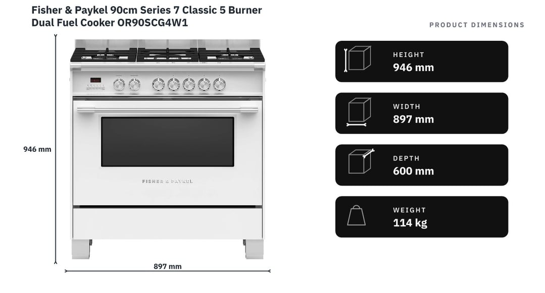 Fisher & Paykel 90cm Series 7 Classic 5 Burner Dual Fuel Cooker OR90SCG4W1 — product dimensions