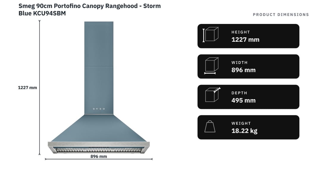 Smeg 90cm Portofino Canopy Rangehood - Storm Blue KCU94SBM — product dimensions