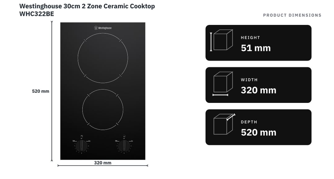 Westinghouse 30cm 2 Zone Ceramic Cooktop WHC322BE — product dimensions