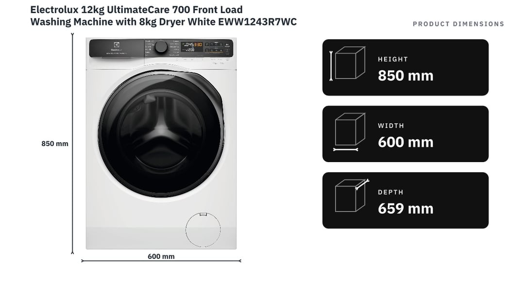 Electrolux 12kg UltimateCare 700 Front Load Washing Machine with 8kg Dryer White EWW1243R7WCS — product dimensions