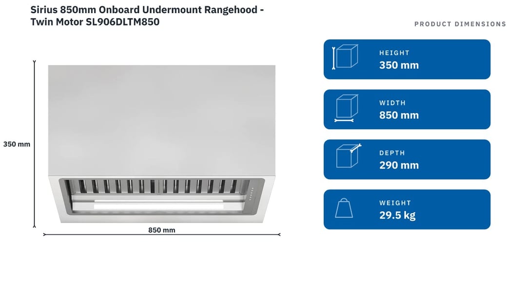 Sirius 850mm Onboard Undermount Rangehood - Twin Motor SL906DLTM850 — product dimensions