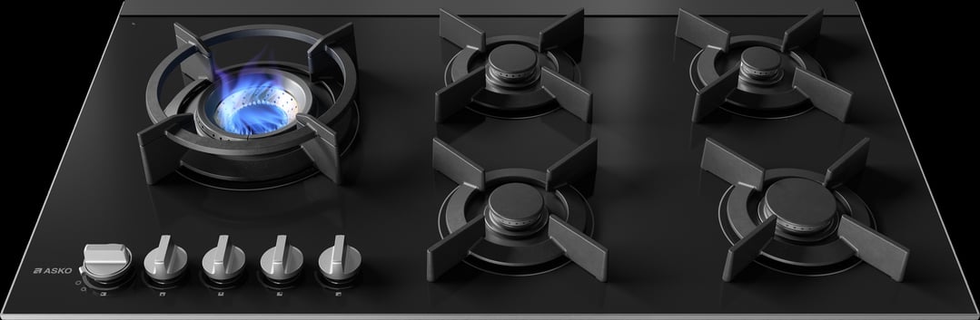 Asko 90cm Hob Gas 5 Burner Volcano Cooktop Black Glass HG8953BGD1