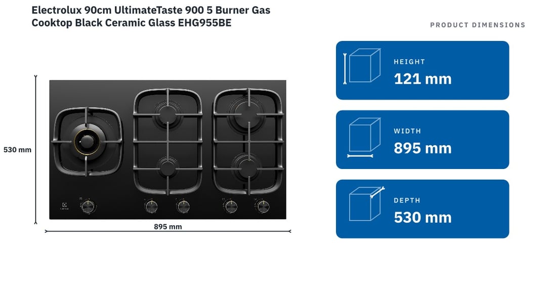 Electrolux 90cm UltimateTaste 900 5 Burner Gas Cooktop Black Ceramic Glass EHG955BE