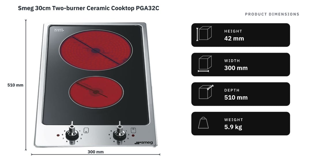 Smeg 30cm Two-burner Ceramic Cooktop PGA32C — product dimensions