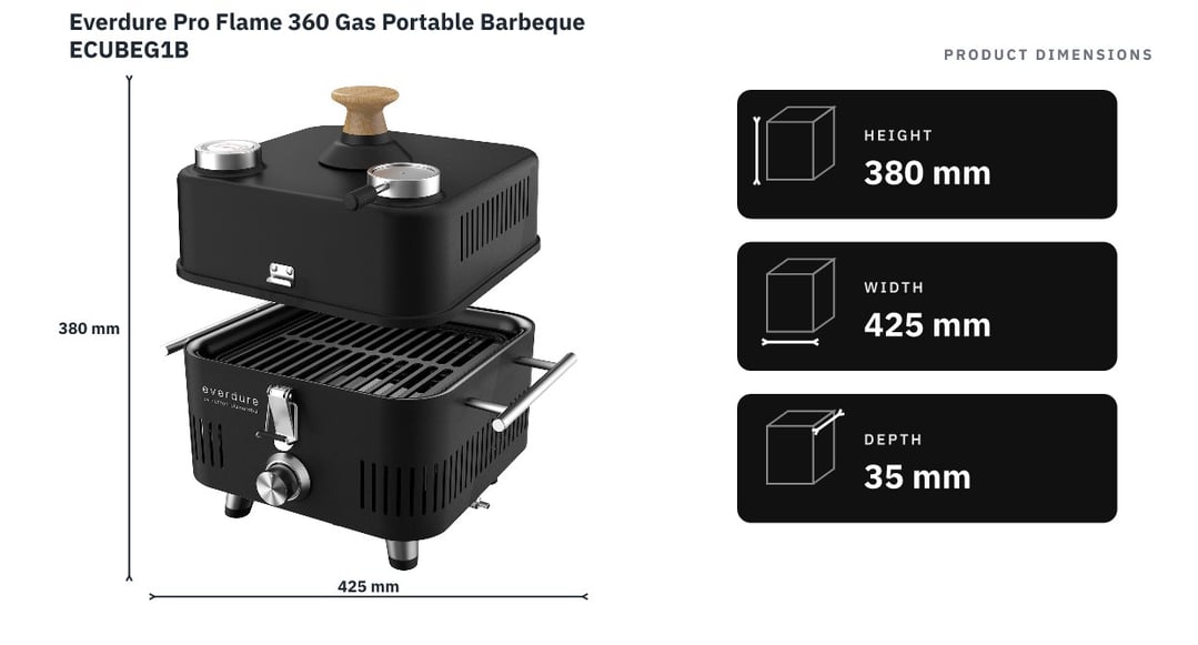 Everdure Pro Flame 360 Gas Portable Barbeque ECUBEG1B — product dimensions
