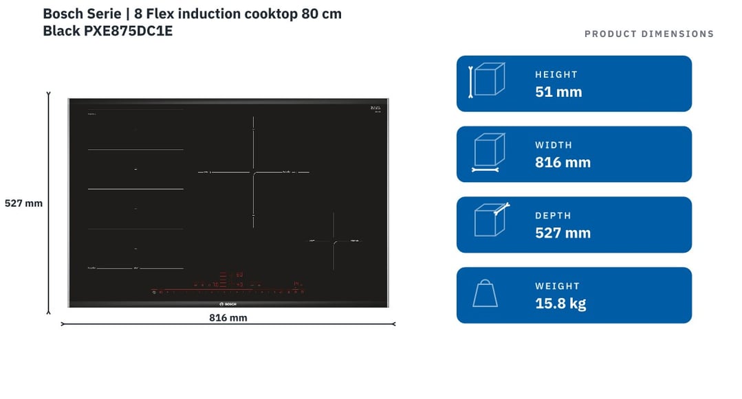 Bosch Serie | 8 Flex induction cooktop 80 cm Black PXE875DC1E — product dimensions