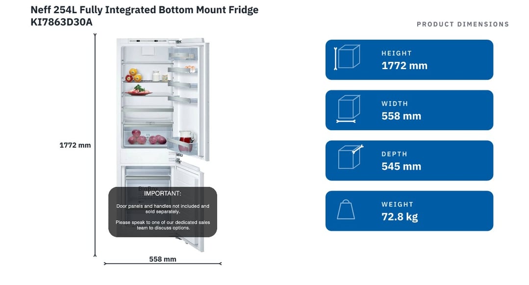 Neff 254L Fully Integrated Bottom Mount Fridge KI7863D30A