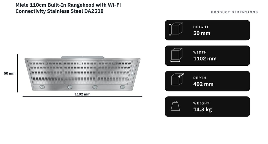 Miele 110cm Built-In Rangehood with Wi-Fi Connectivity Stainless Steel DA2518 — product dimensions