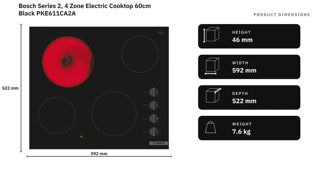 Bosch Series 2, 4 Zone Electric Cooktop 60cm Black PKE611CA2A — product dimensions