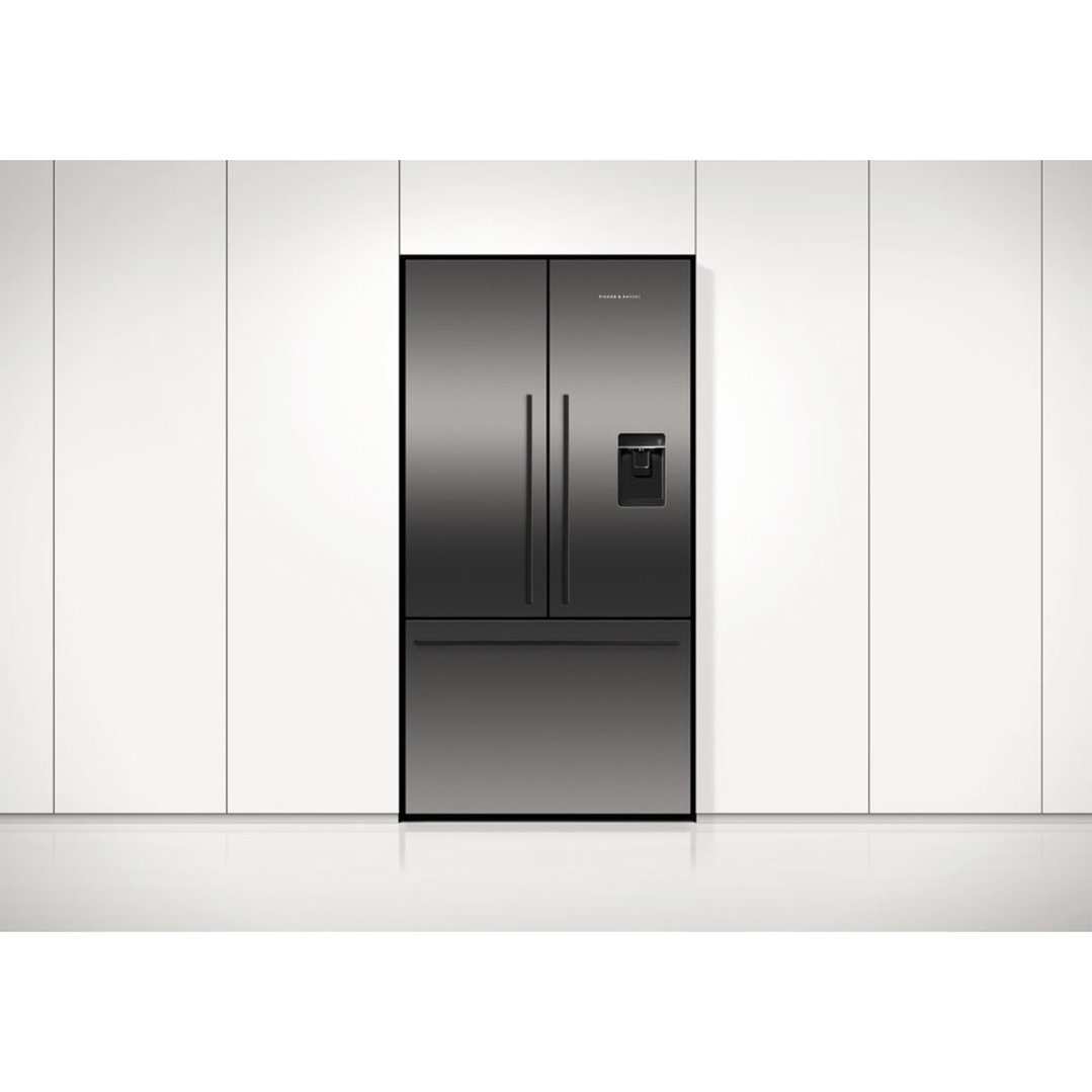 A black French door refrigerator freezer with ice and water in a modern kitchen