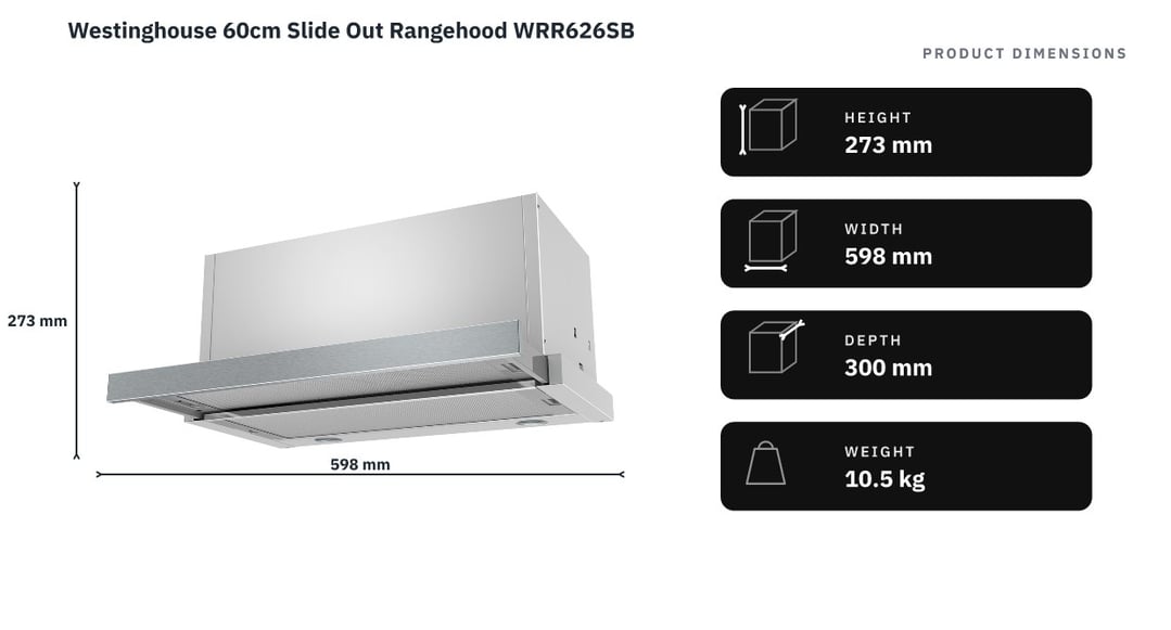 Westinghouse 60cm Slide Out Rangehood WRR626SB — product dimensions