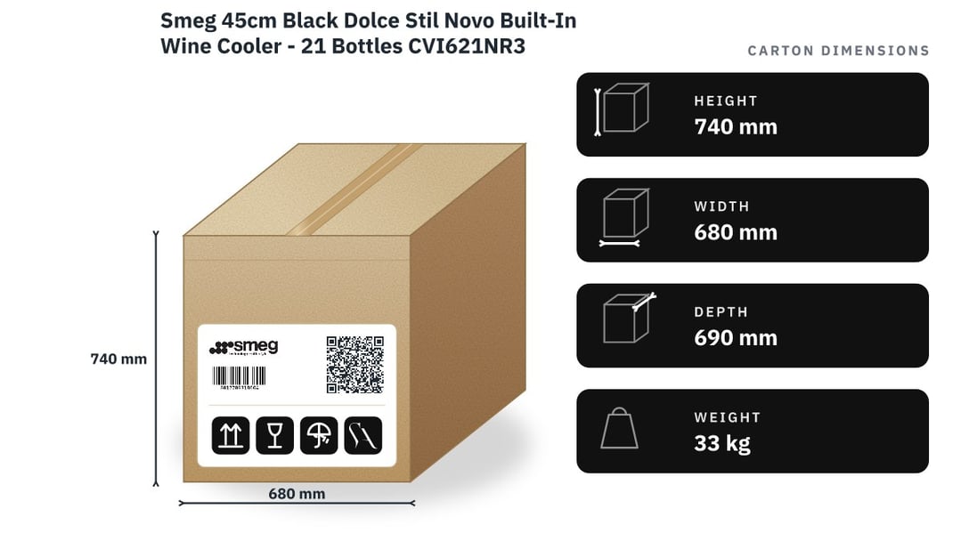Smeg 45cm Black Dolce Stil Novo Built-In Wine Cooler - 21 Bottles CVI621NR3 — packaged dimensions