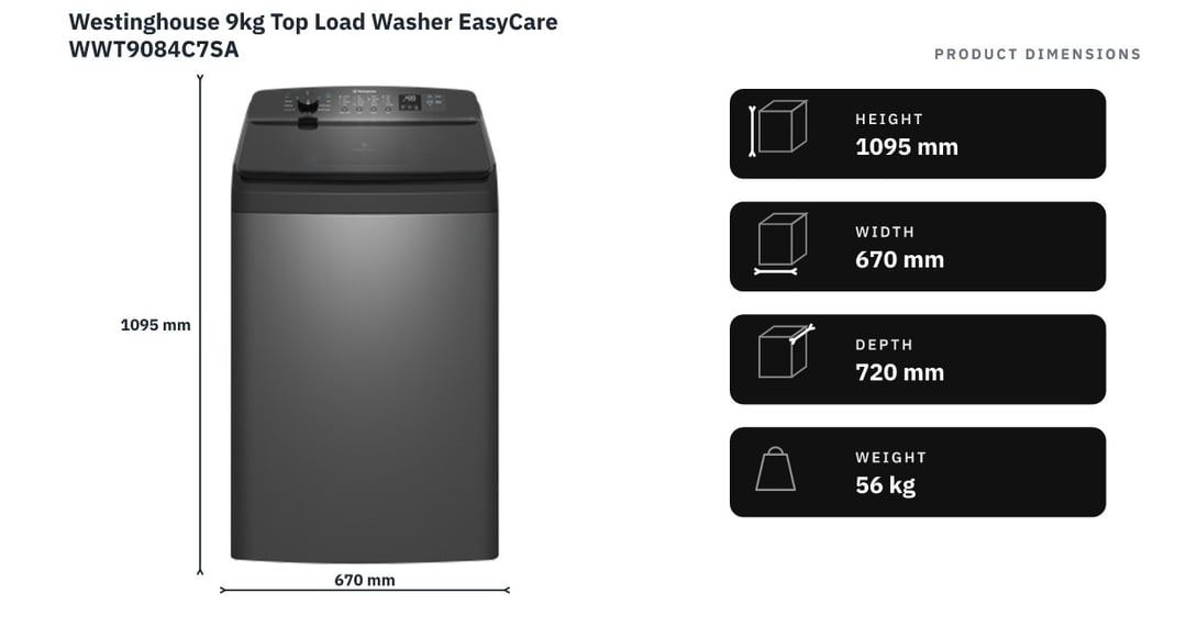Westinghouse 9kg Top Load Washer EasyCare WWT9084C7SA — product dimensions