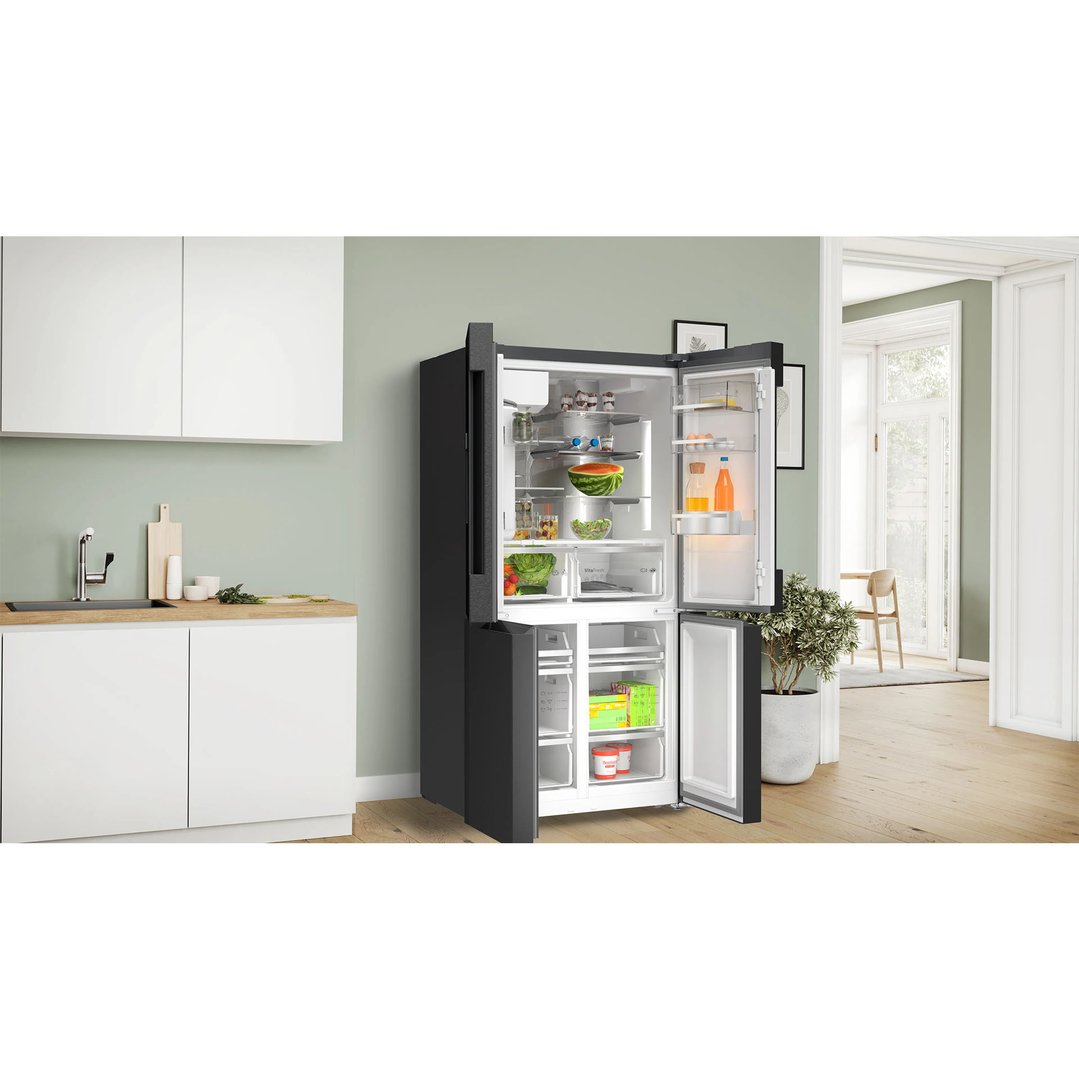 Open Bosch Series 6 Multi Door Fridge Freezer in a modern kitchen setting