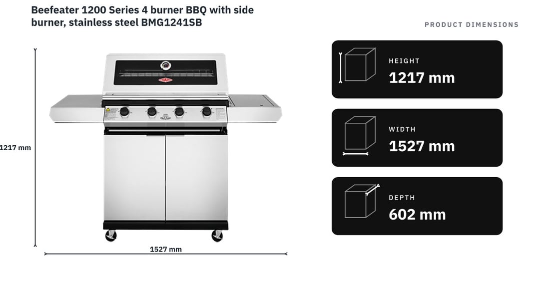 Beefeater 1200 Series 4 burner BBQ with side burner, stainless steel BMG1241SB — product dimensions