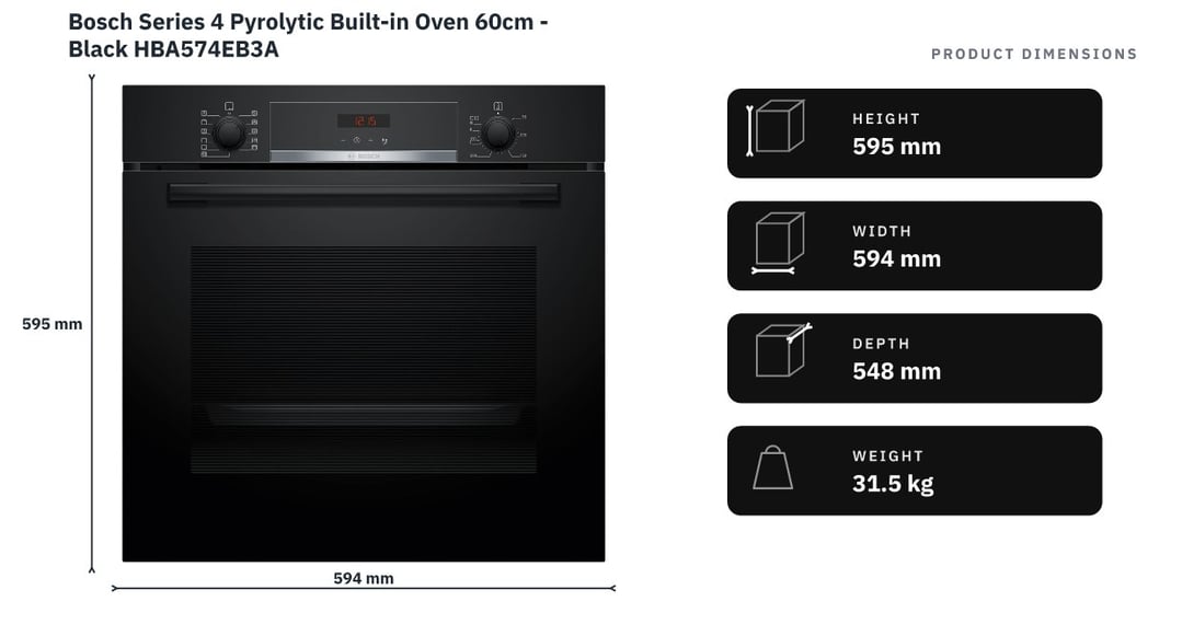 Bosch Series 4 Pyrolytic Built-in Oven 60cm - Black HBA574EB3A — product dimensions