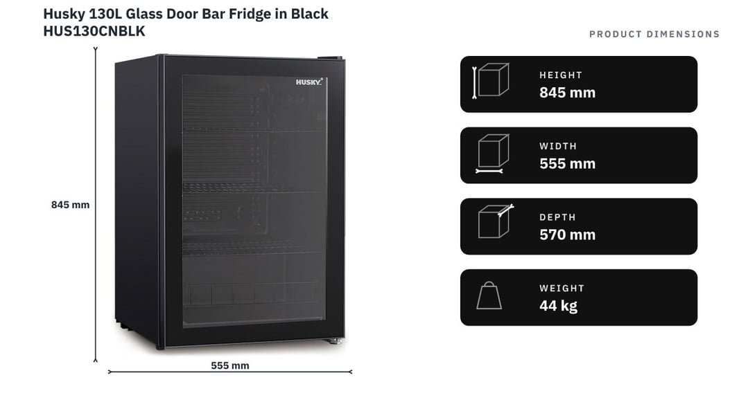 Husky 130L Glass Door Bar Fridge in Black HUS130CNBLK — product dimensions