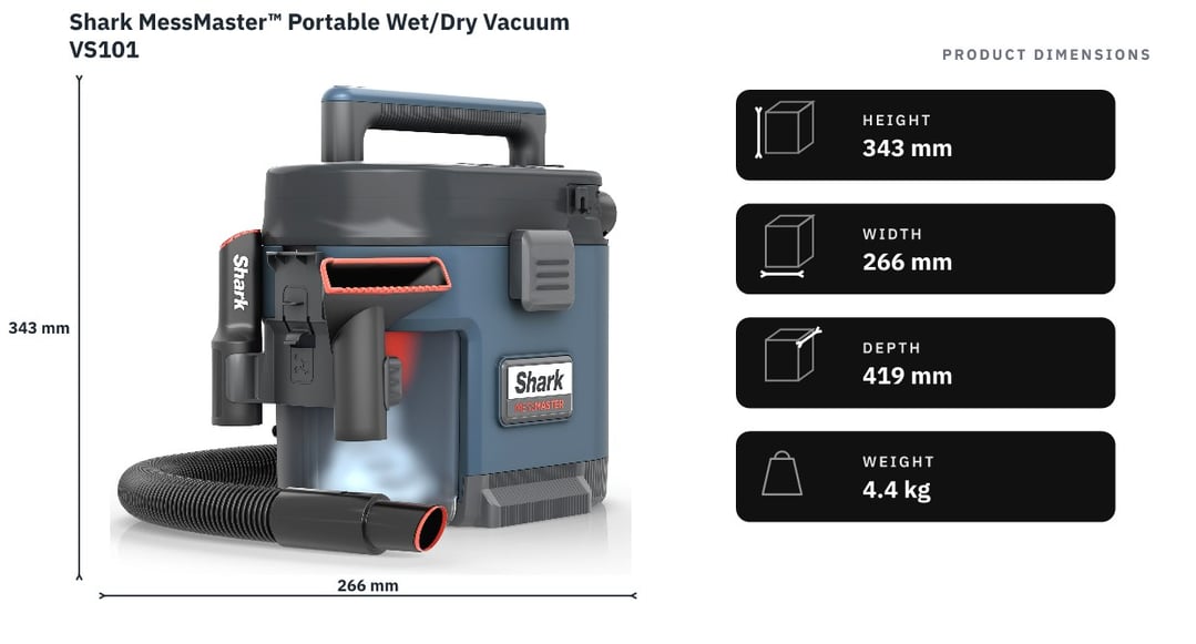 Shark MessMaster™ Portable Wet/Dry Vacuum VS101 — product dimensions