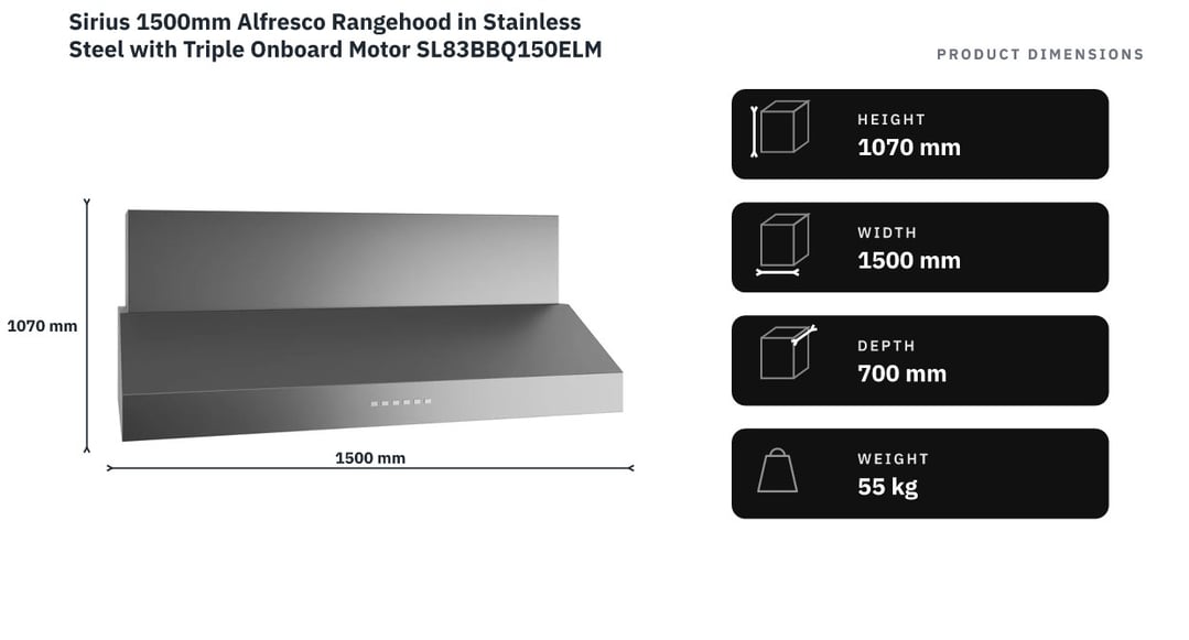Sirius 1500mm Alfresco Rangehood in Stainless Steel with Triple Onboard Motor SL83BBQ150ELM — product dimensions