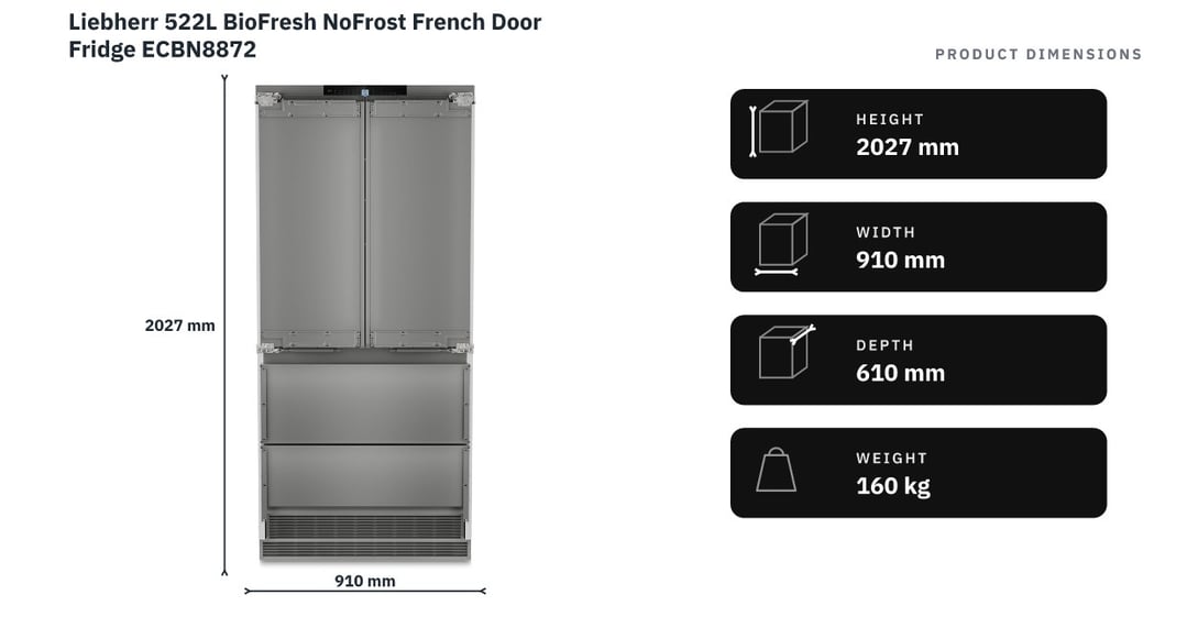 Liebherr 522L BioFresh NoFrost French Door Fridge ECBN8872 — product dimensions