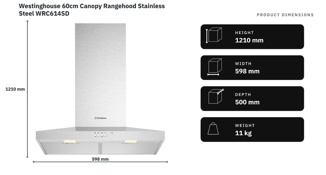 Westinghouse 60cm Canopy Rangehood Stainless Steel WRC614SD — product dimensions