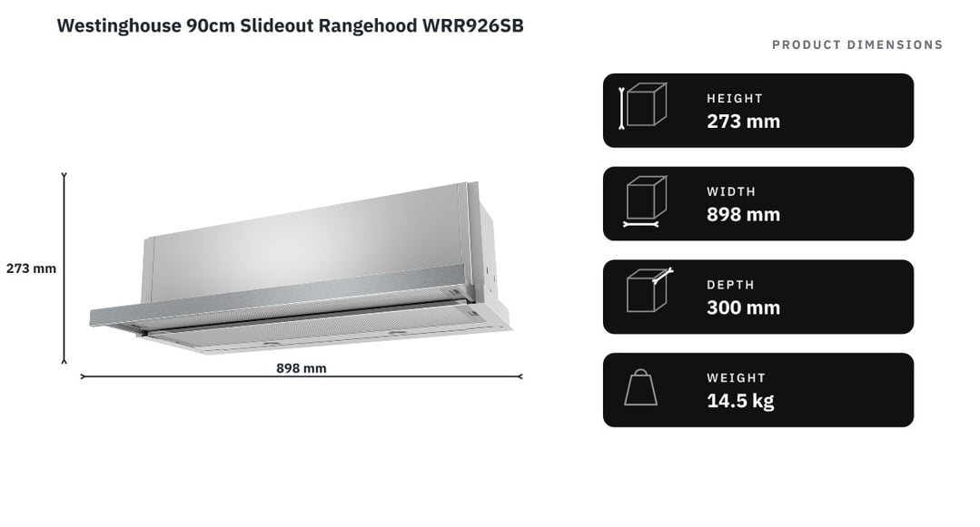 Westinghouse 90cm Slideout Rangehood WRR926SB — product dimensions
