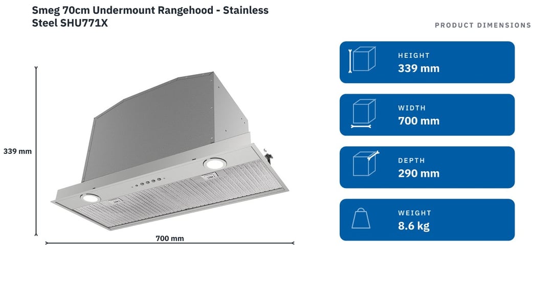 Smeg 70cm Undermount Rangehood - Stainless Steel SHU771X — product dimensions