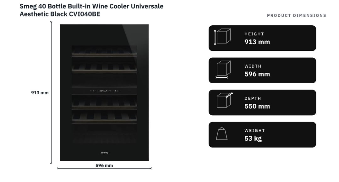 Smeg 40 Bottle Built-in Wine Cooler Universale Aesthetic Black CVI040BE — product dimensions