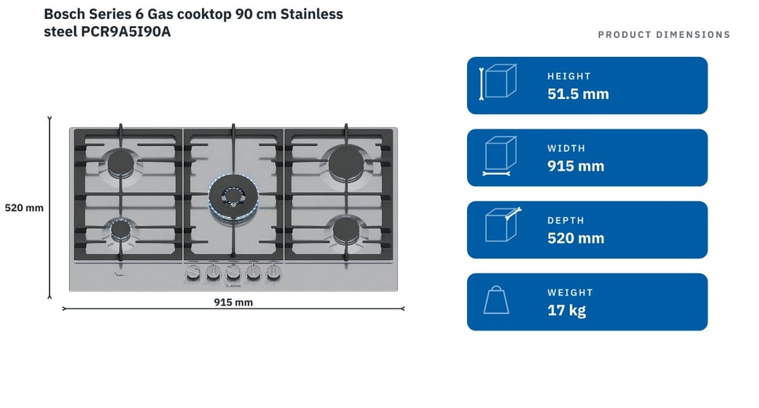Bosch Series 6 Gas cooktop 90 cm Stainless steel PCR9A5I90A — product dimensions
