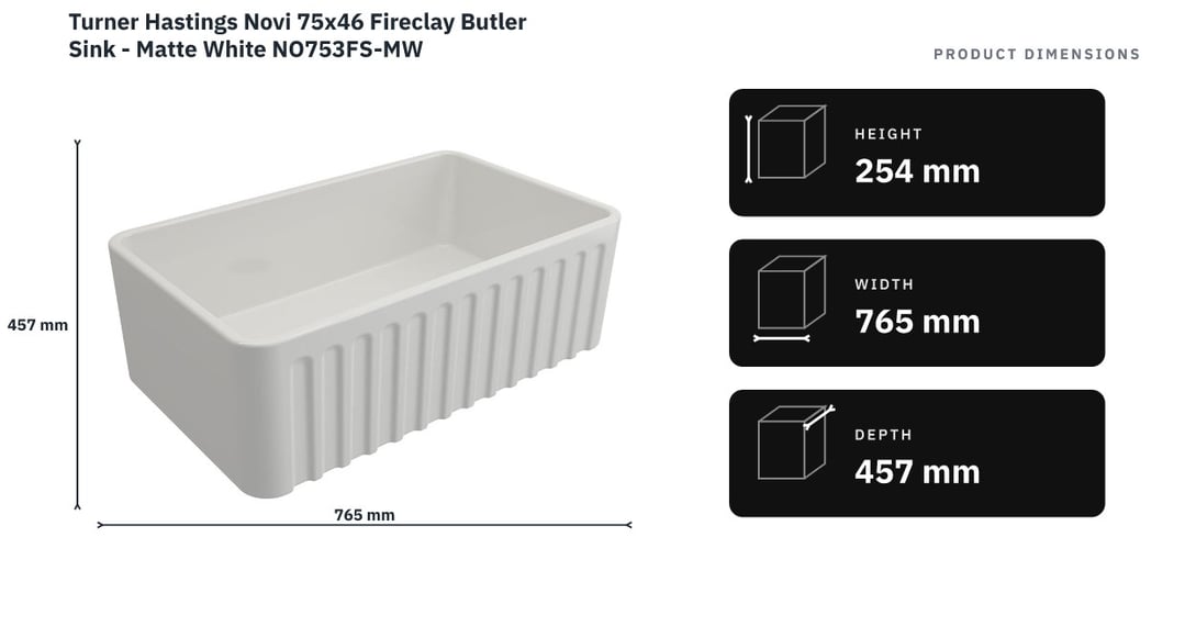 Turner Hastings Novi 75x46 Fireclay Butler Sink - Matte White NO753FS-MW — product dimensions