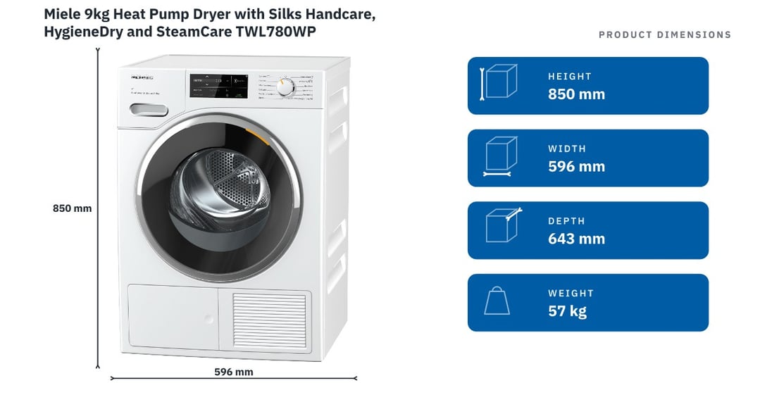 Miele 9kg Heat Pump Dryer with Silks Handcare, HygieneDry and SteamCare TWL780WP