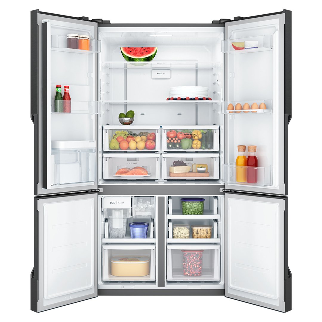 Quad door fridge with doors open showing food items inside