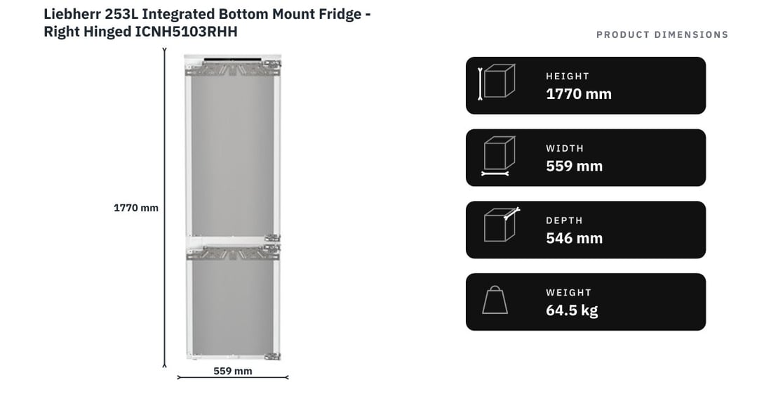 Liebherr 253L Integrated Bottom Mount Fridge - Right Hinged ICNH5103RHH — product dimensions