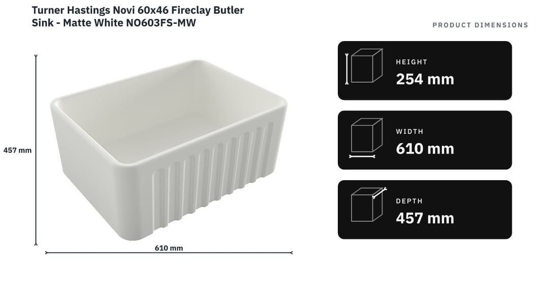 Turner Hastings Novi 60x46 Fireclay Butler Sink - Matte White NO603FS-MW — product dimensions